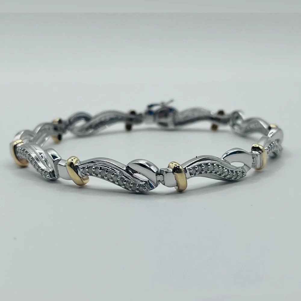 1.00 CT Natural Diamond Silver Two Tone Bracelet - Picture 3 of 6